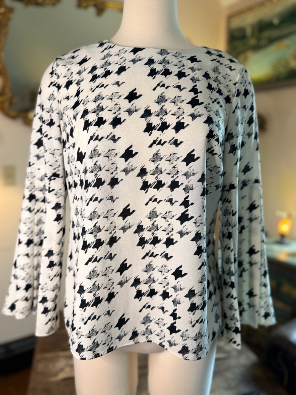 Talbots Black and Cream Abstract Print Blouse